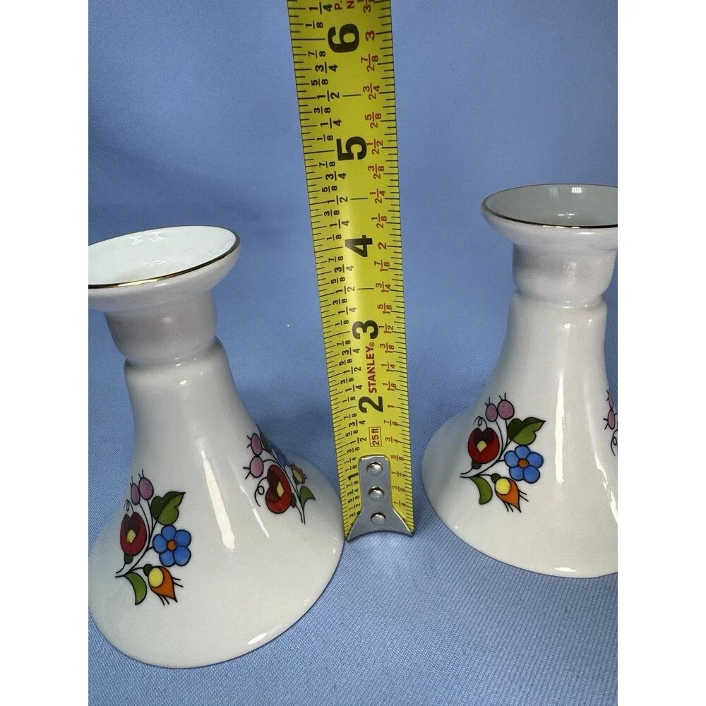 Set Of 2 Kalocsa Candle Holders, Hand painted Red And Blue Floral, Hungary 4.5”